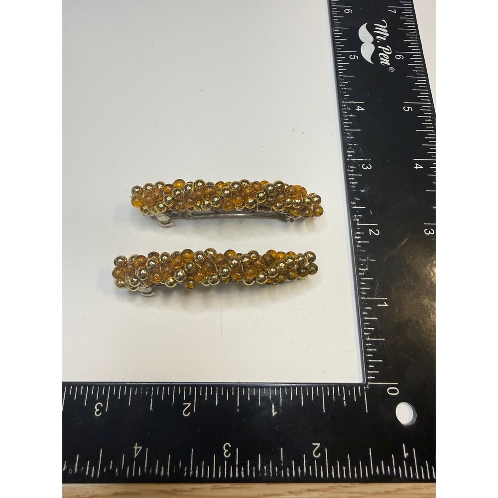 Set of 2 Beadedโ French Barrette Hair Clips Amber Gold Tone Textured Accessories